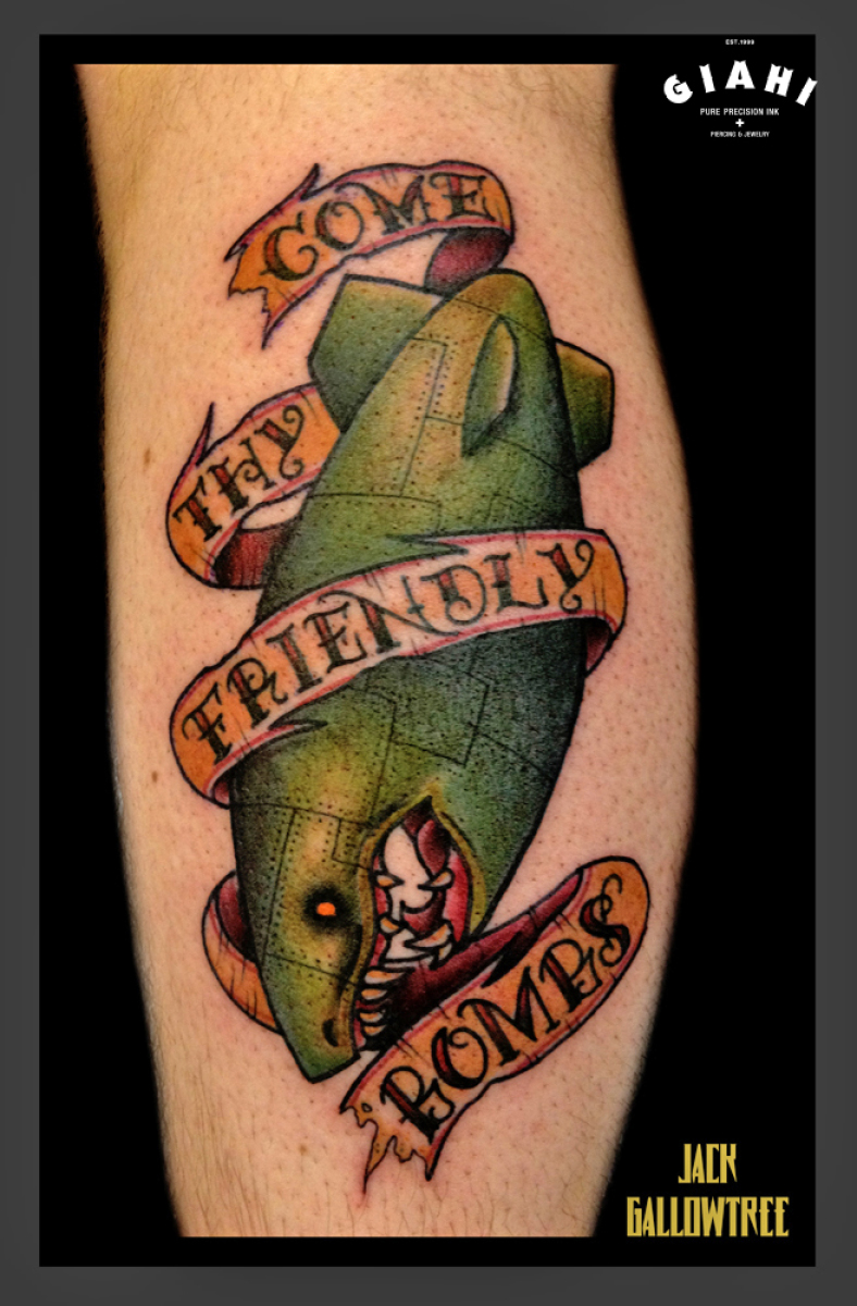 Come Thy Friendly Bombs tattoo by Jack Gallowtree