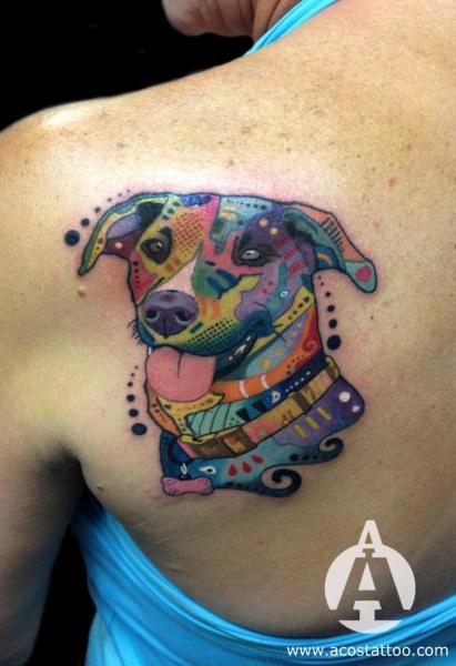 Colorful Abstract Dog Tattoo On Girl Left Half Sleeve By Bobek