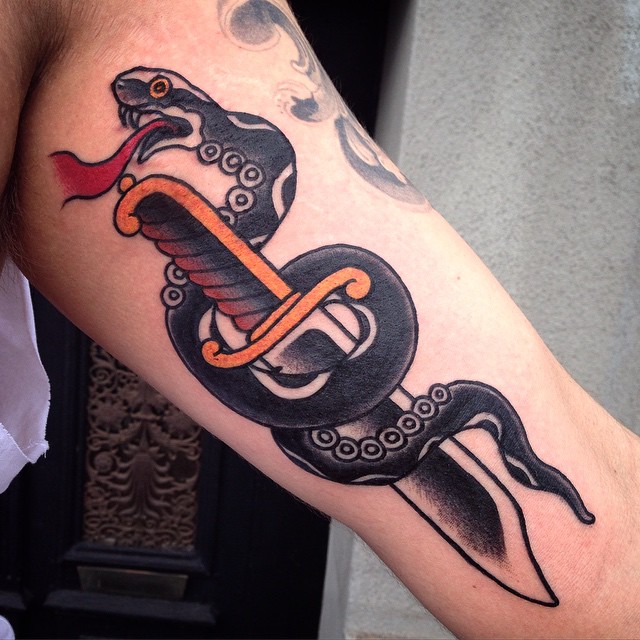 Dagger Tentacle Snake Old School tattoo by Jacob Wiman