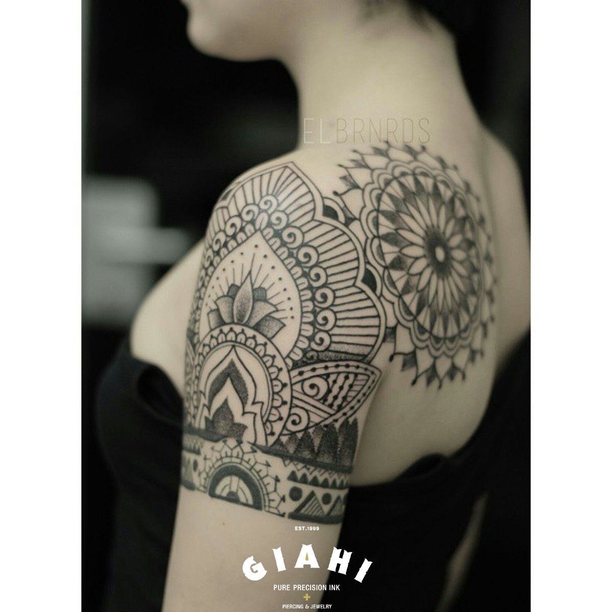 Dark Flowers and Mandala Dotwork tattoo by Elda Bernardes