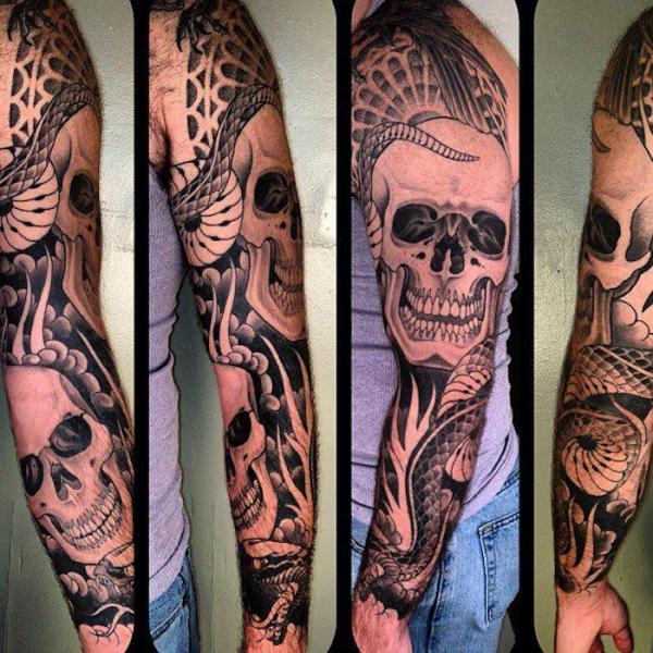 Dotwork Snake and Scull tattoo by Three Kings Tattoo