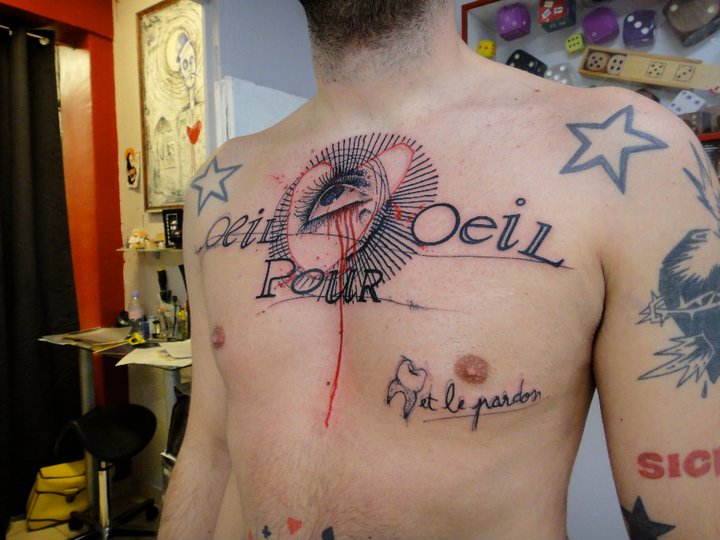 Eye Heart Lettering Chest tattoo by Xoïl