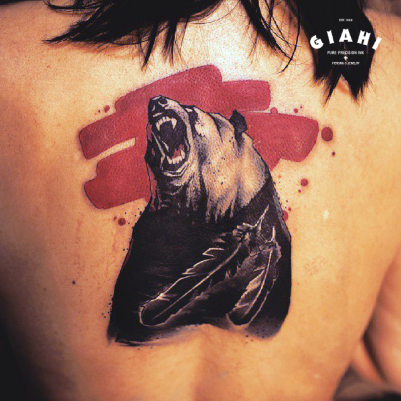 Feather Bear Blackwork tattoo by Agat Artemji