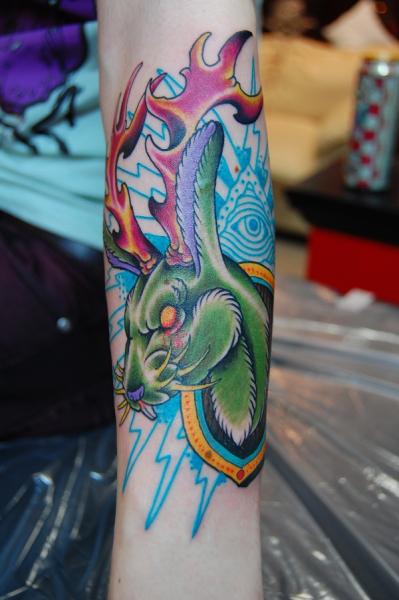 Fire Antlers Green Hare tattoo by Illsynapse