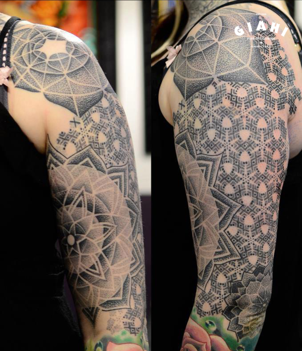 Flowers Dotwork tattoo sleeve by Andy Cryztalz