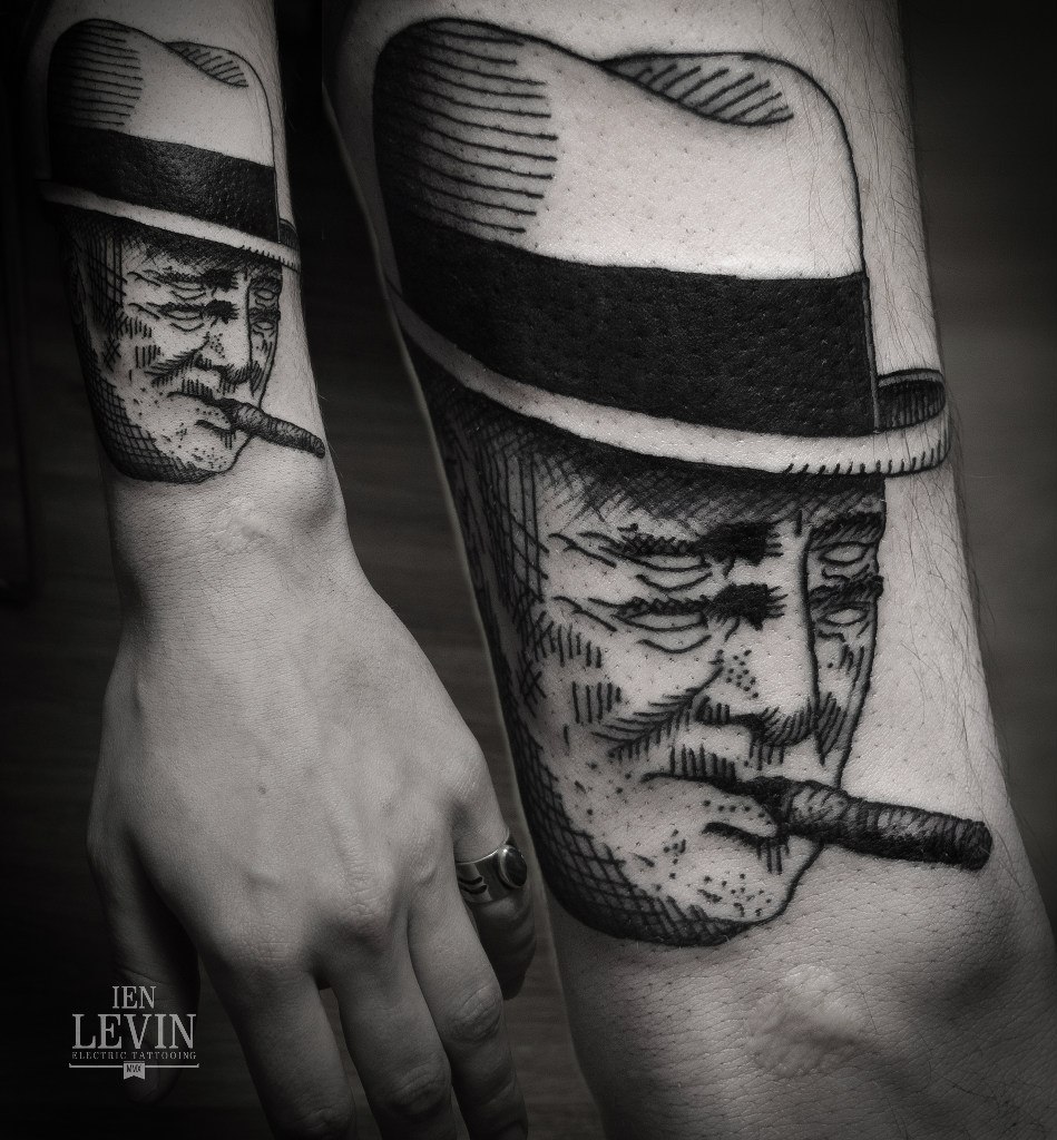 Four Eyes Cigar Man Blackwork tattoo by Ien Levin