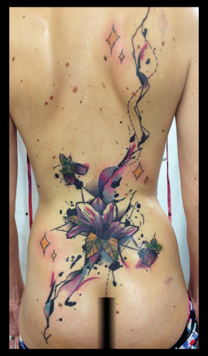 Full Back Night Aquarelle Flower tattoo by Live Two