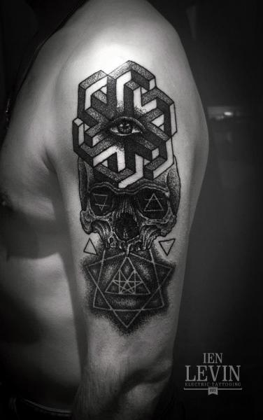 Geometry Abstraction Scull Dotwork tattoo by Ien Levin