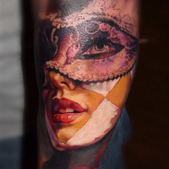 Girl in Mask Realistic tattoo by Laura Juan