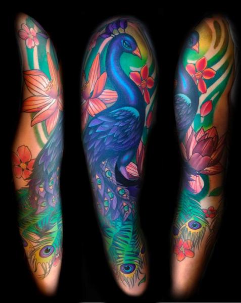 Graceful Peacock tattoo sleeve by Transcend Tattoo