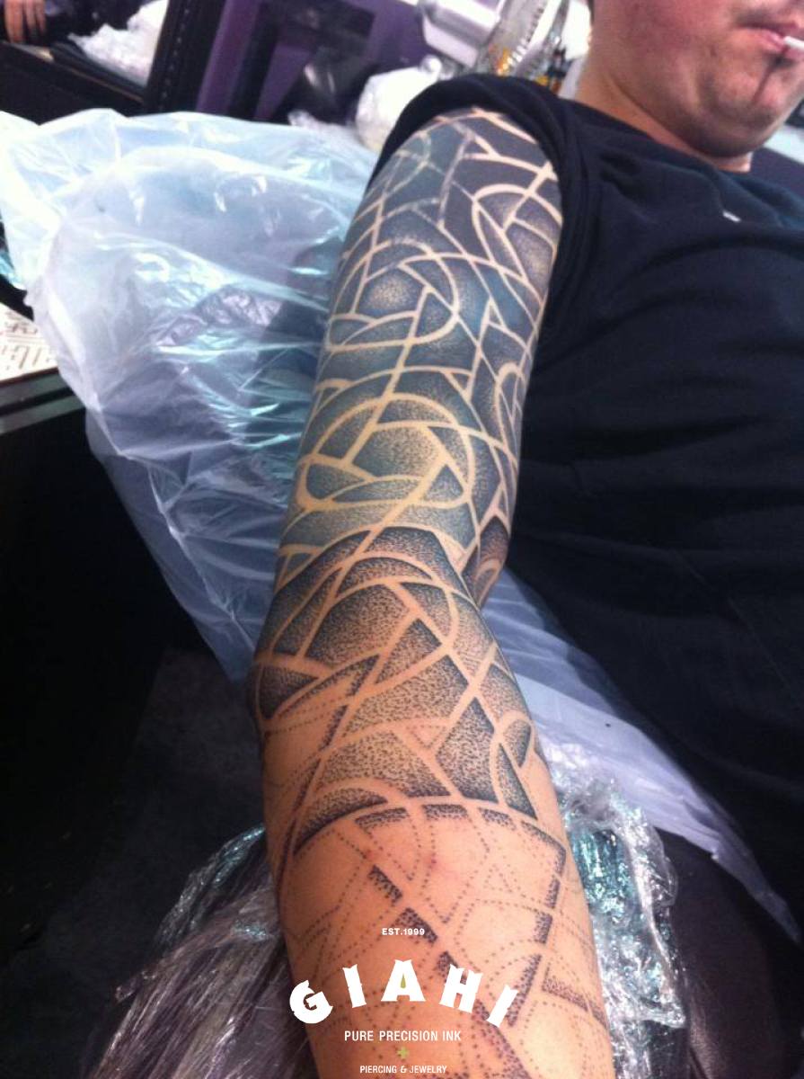 Great Geometry Dotwork tattoo sleeve in Progress by Andy Cryztalz