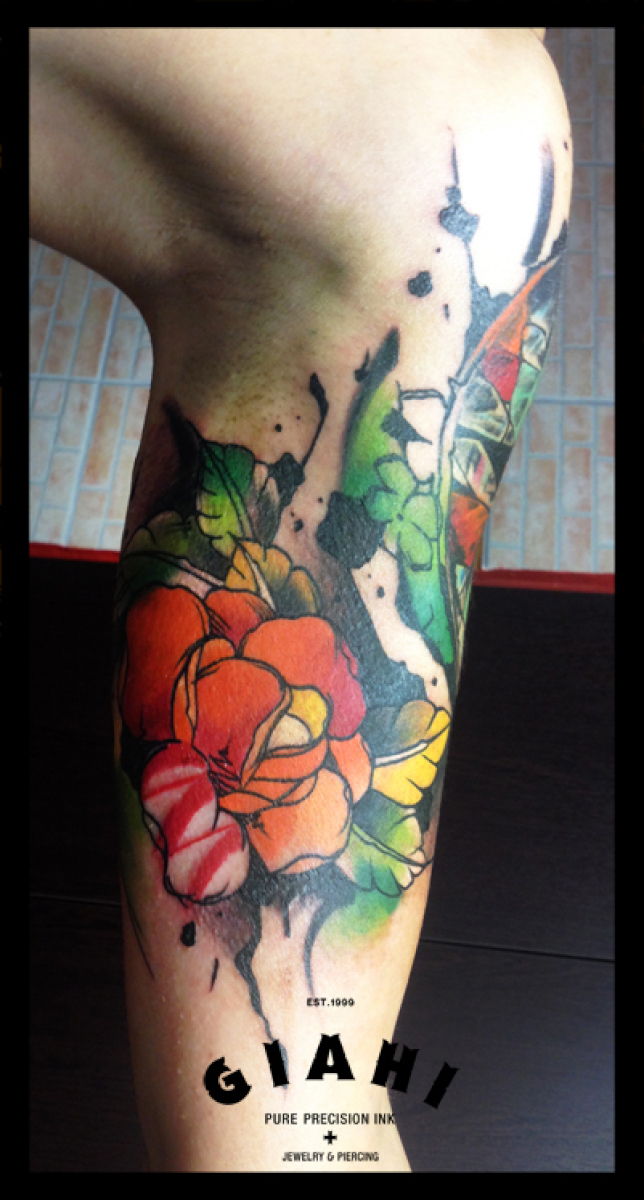 Green Leaves Red Flowers tattoo by Live Two