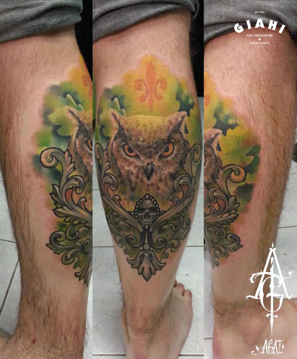 Green Oak Owl tattoo by Agat Artemji
