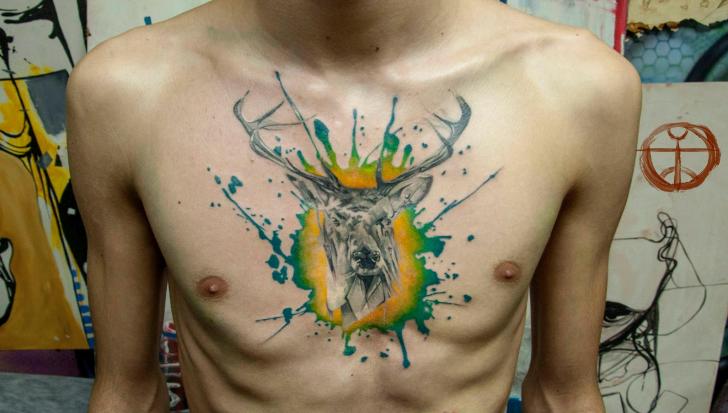 Green Paint Spot Realistic Buck Aquarelle tattoo by Galata Tattoo on Chest