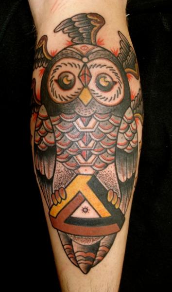 Head Wing Triangle Holding Owl New School tattoo by Destroy Troy Tattoos