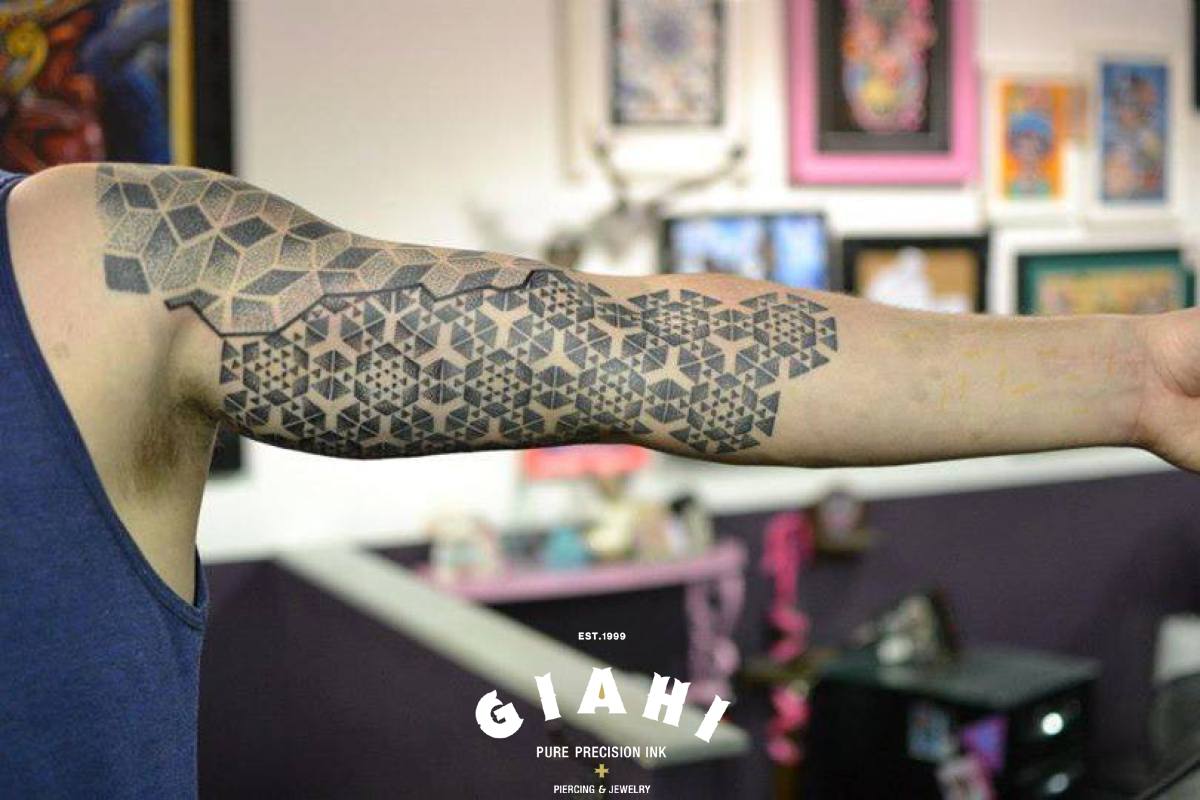 Inner Arm Cubes And Triangles Dotwork tattoo by Andy Cryztalz