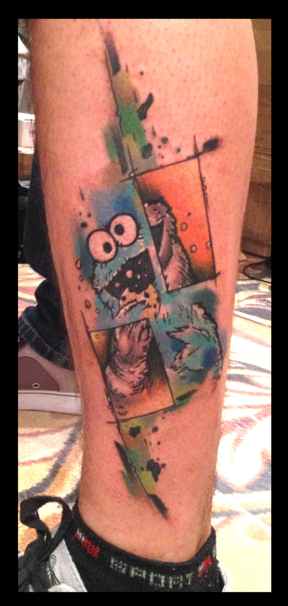 Cookie Monster patch tattoo done on the thigh,