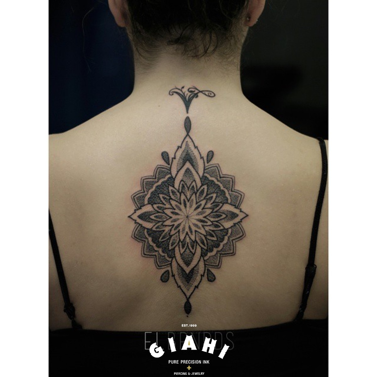 Mandala Flower Spine Dotwork tattoo by Elda Bernardes
