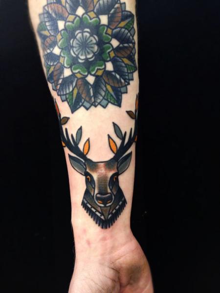 Mandala and Stag Old School tattoo by Matt Cooley