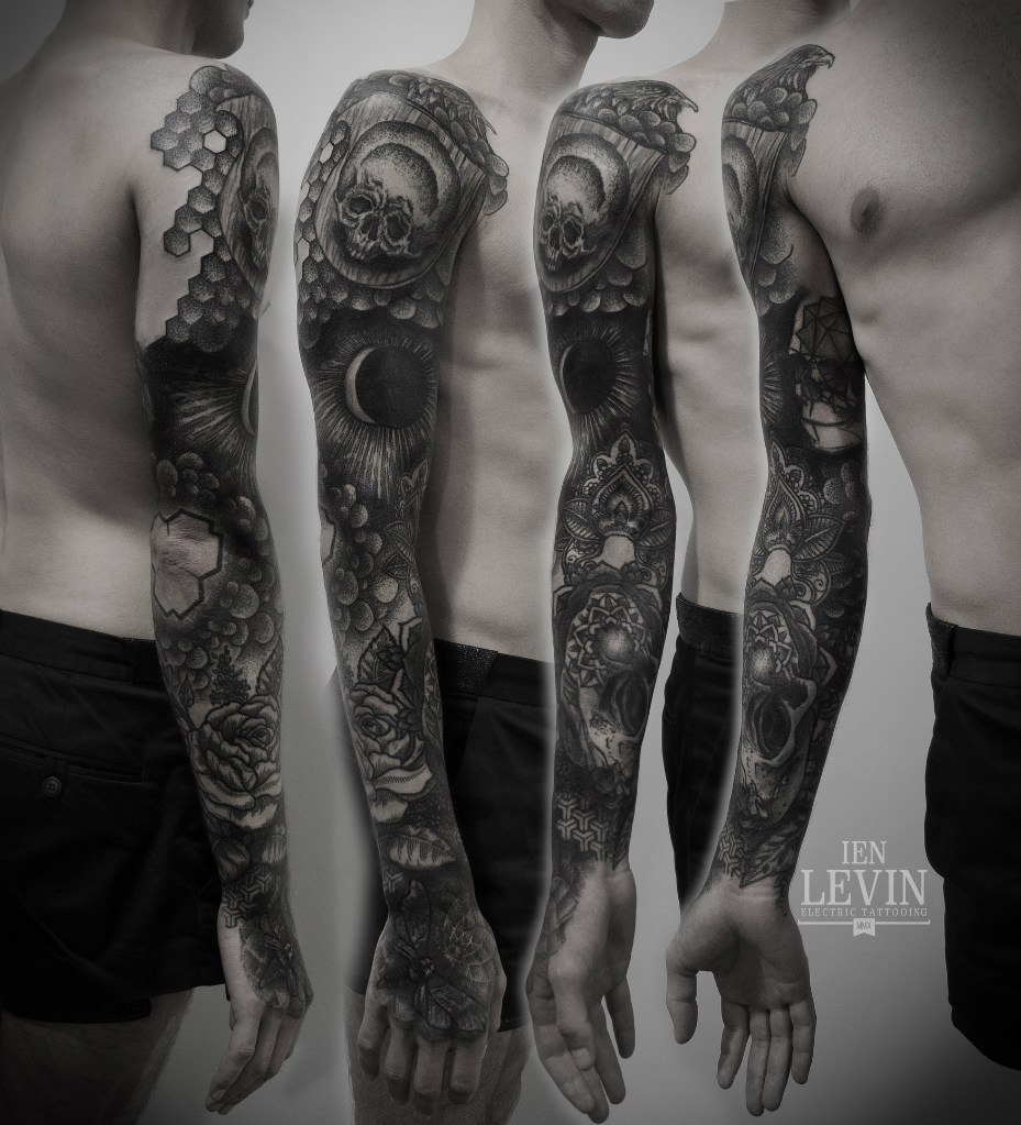 Many Dark Sculls and Roses Dotwork tattoo sleeve by Ien Levin
