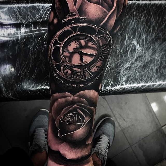 Omega Blackwork Clock And Roses Realistic 3D tattoo by Da Ink