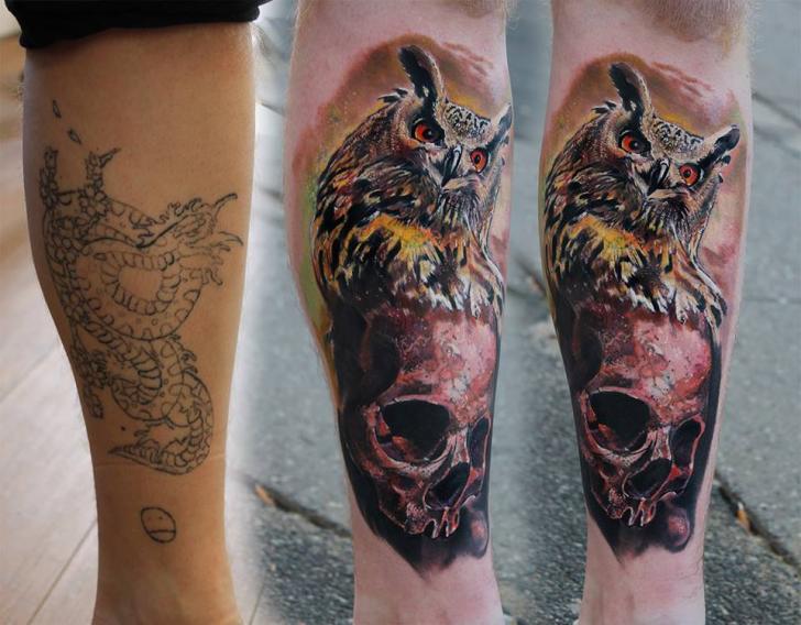 Owl and Scull Realistic Cover Up tattoo by Piranha Tattoo Supplies