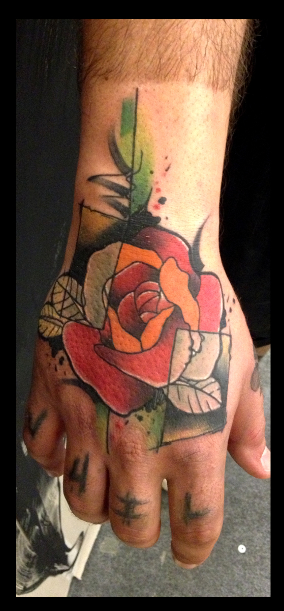 Pale Petals Squares Rose tattoo on hand by Live Two