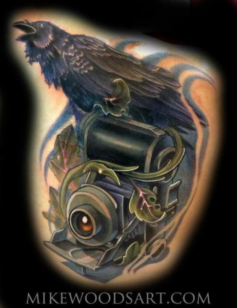 Raven Camera Realistic tattoo by Mike Woods