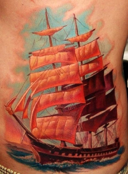 Realistic Red Sails Nautical tattoo