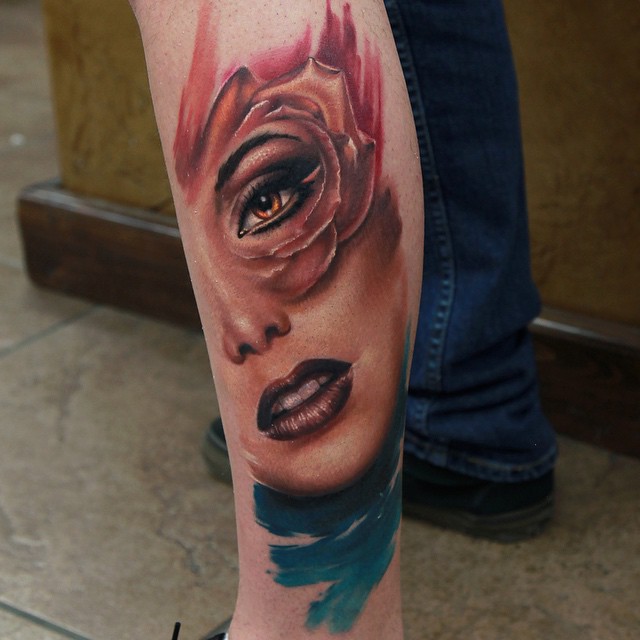 Realistic Rose Petals Painted Girl Face tattoo by Rich Pineda