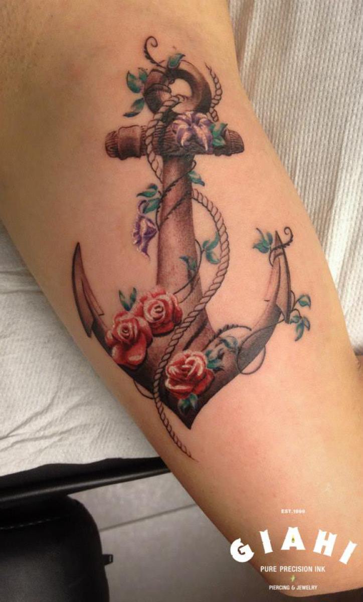 Realistic Roses and Anchor tattoo by Roony