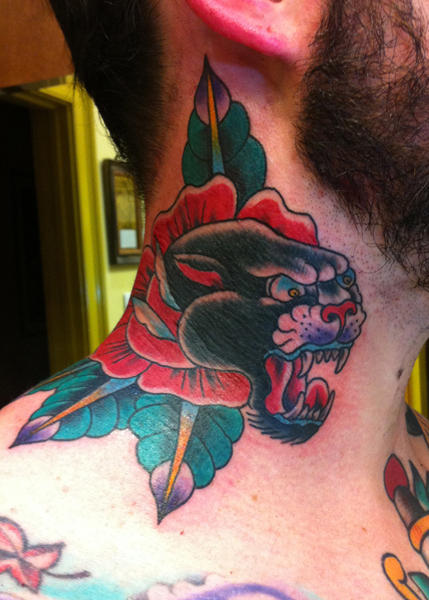 Red Rose Panther Old School Neck tattoo by Three Kings Tattoo
