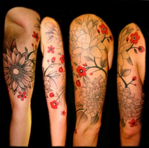 Red and Dotwork Flowers tattoo by Transcend Tattoo
