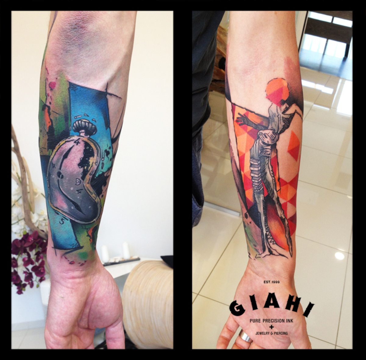 Salvador Dali Girl and Melting Clock tattoo by Live Two