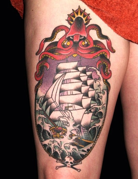 Scull and Octopus Frame Ship Nautical tattoo