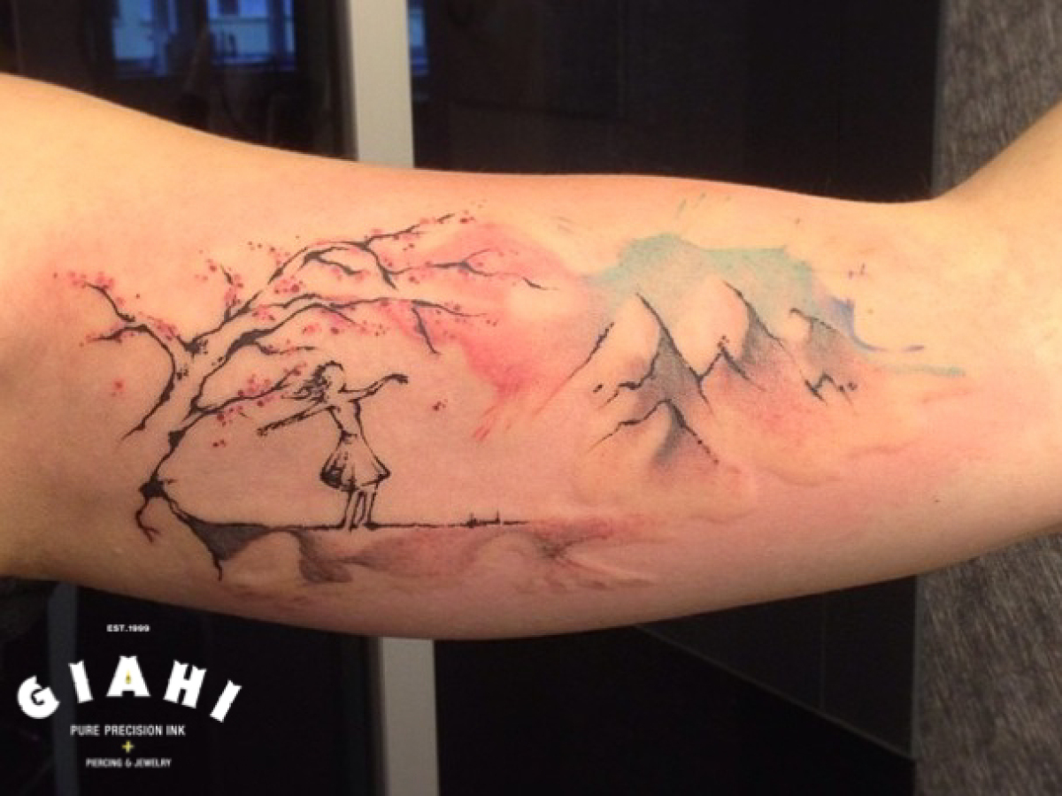 Sketchy Tree and Mountains Aquarelle tattoo by Roony