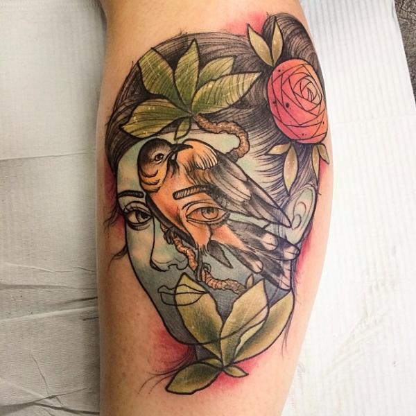 Sky Face Girl Bird tattoo by Earth Gasper Tattoo