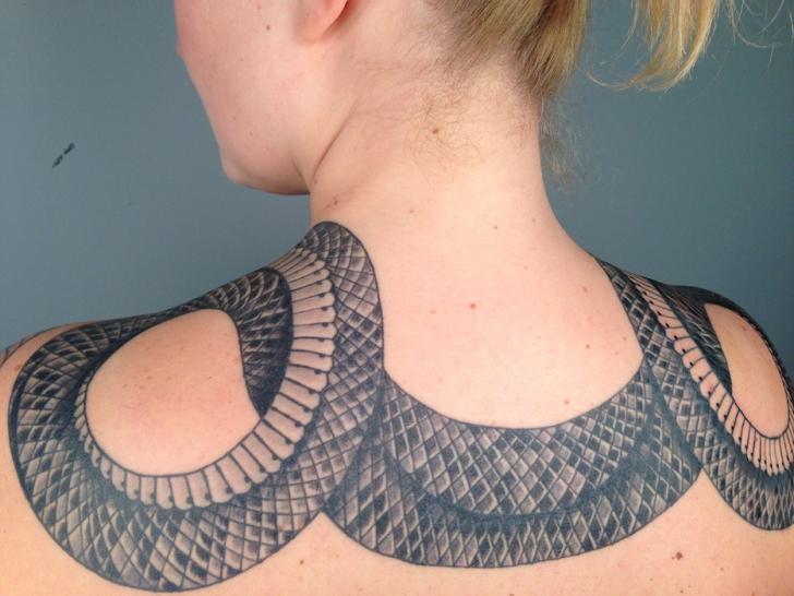 Snake Neck and Back Blackwork tattoo by Three Kings Tattoo