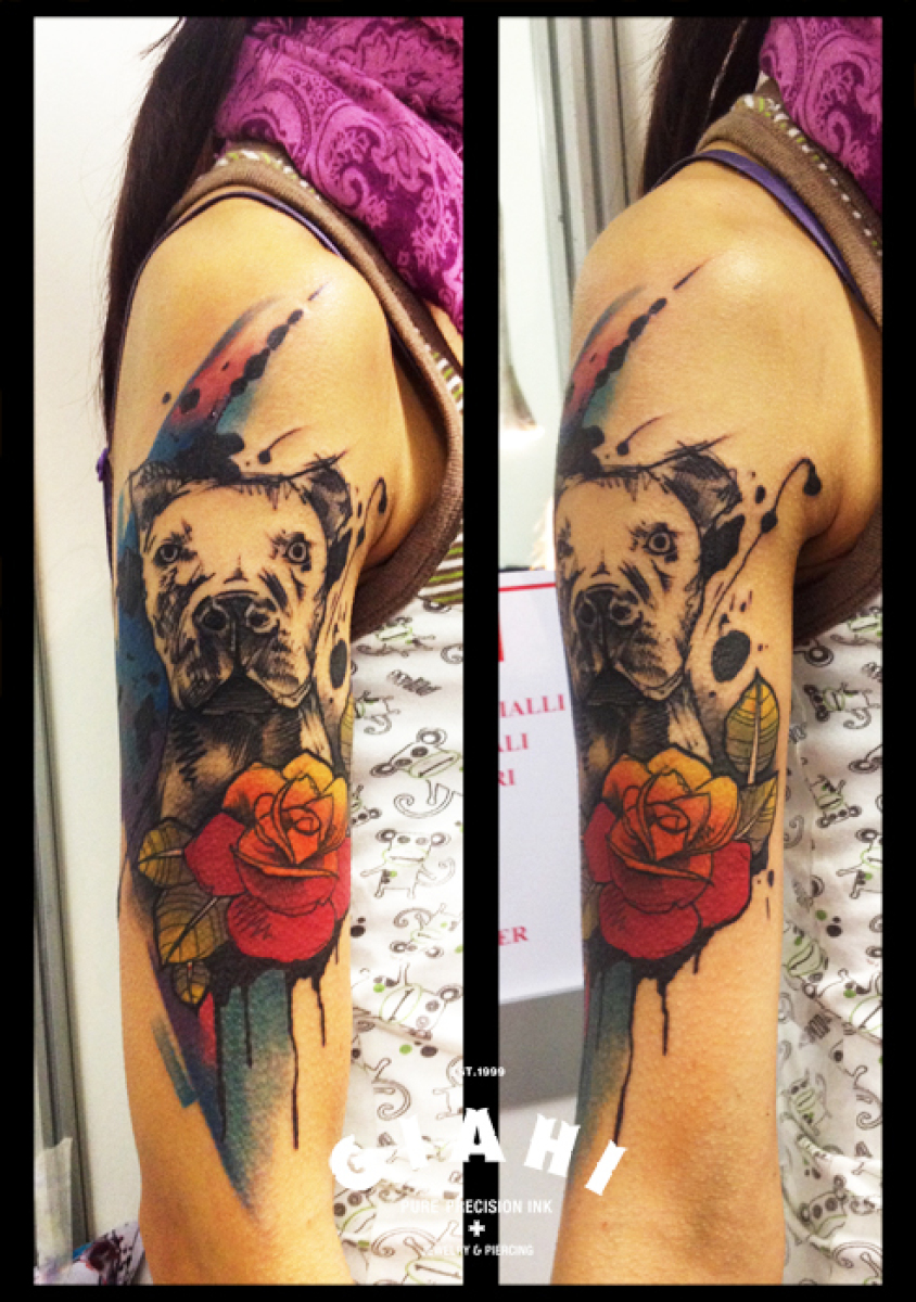Staring Dog Aquarelle tattoo by Live Two