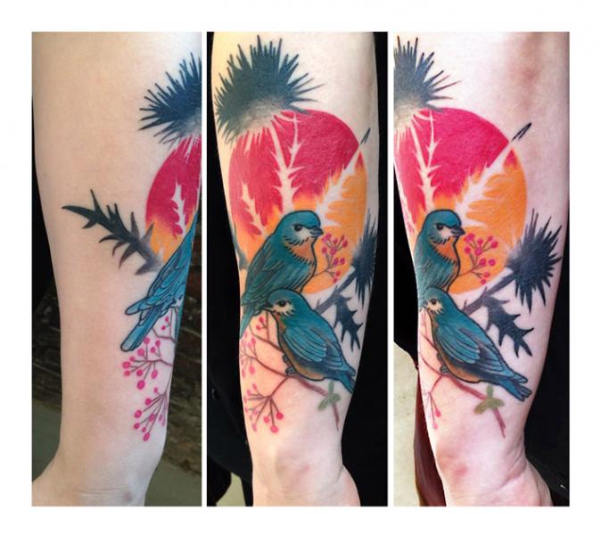 Sunset Blackthorn Birds tattoo by Julia Rehme