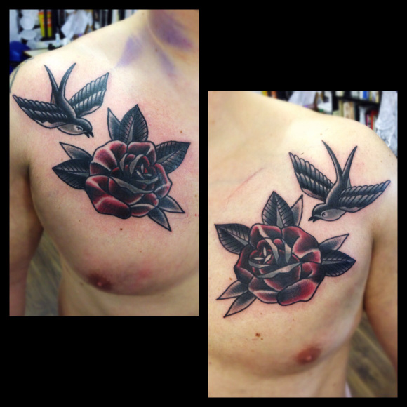 Swallow and Rose Old School tattoo by Matt Cooley