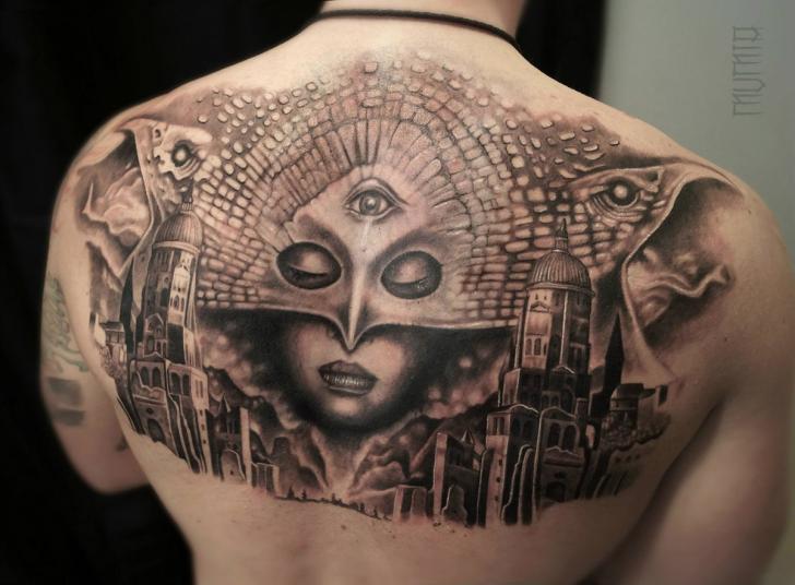 Third Eye Mask Face in Sky Graphic tattoo by Mumia Tattoo