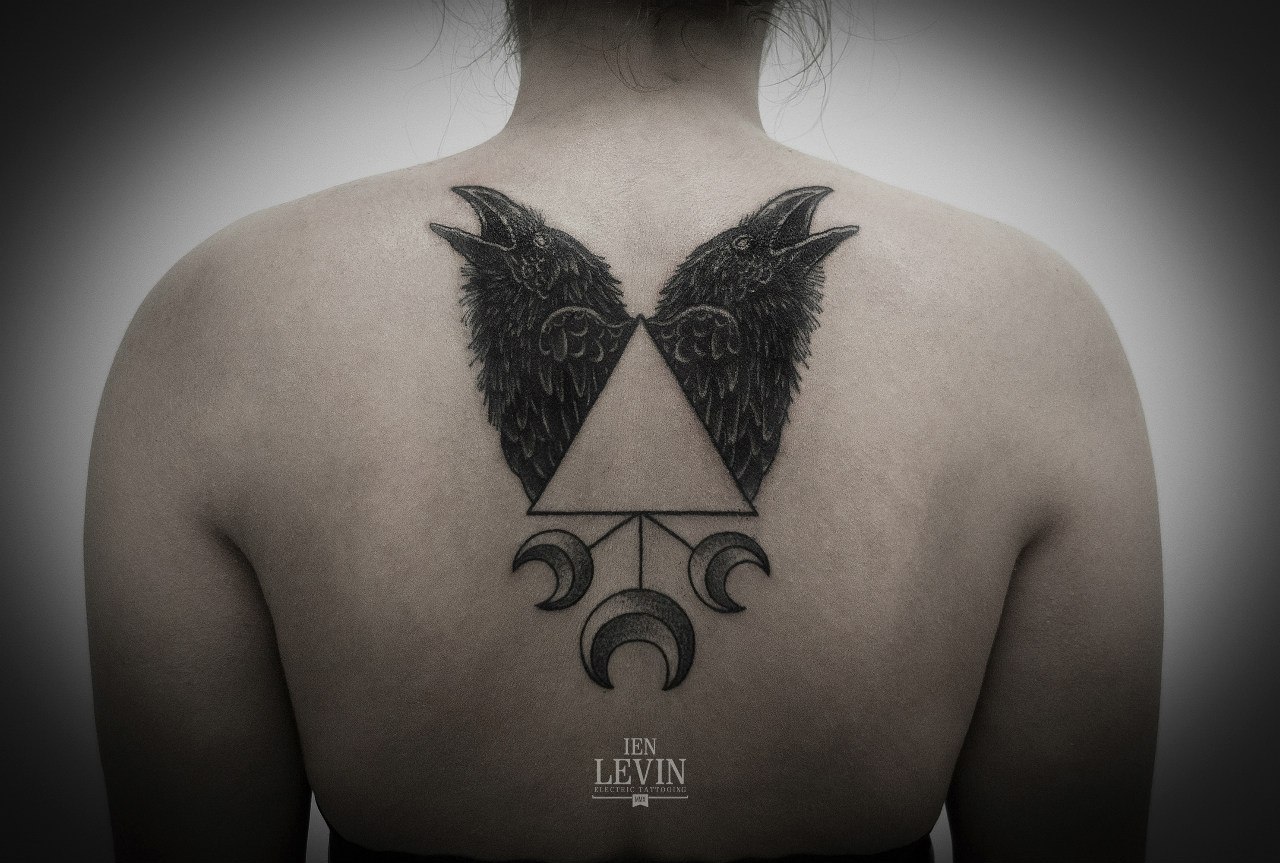Three Moons Triangle Ravens Dotwork tattoo by Ien Levin