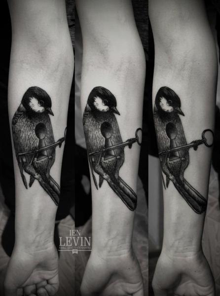 Titmouse with Key Dotwork tattoo by Ien Levin