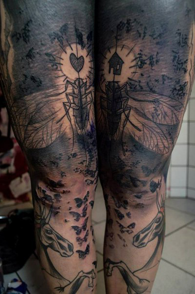 Unicorns Heart and Home Cockroach Blackwork tattoo on Legs