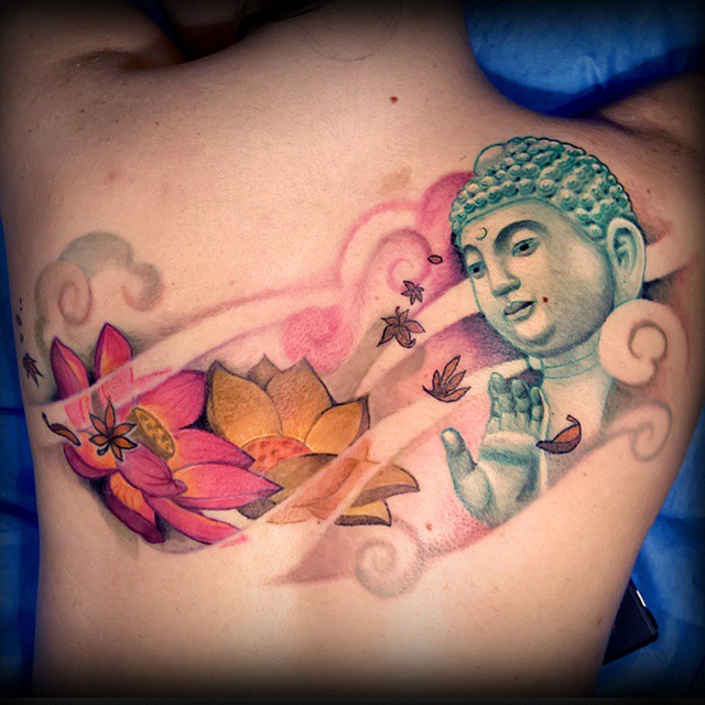 Wind Lotus and Buddha tattoo by Veronika Liddell