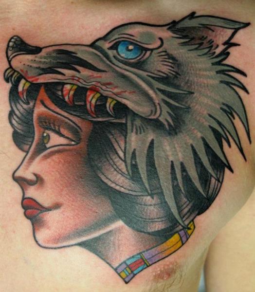 Wolf Helmet Girl tattoo by Nick Baldwin