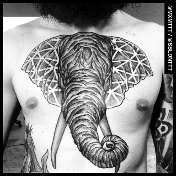 Wrinkled Elephant Dotwork Chest tattoo by MXM