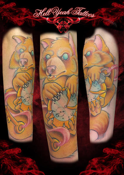 Yellow Little Bear tattoo by Hellyeah Tattoos