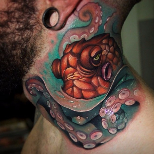 Amazing Octopus Neck tattoo by Victor Chil
